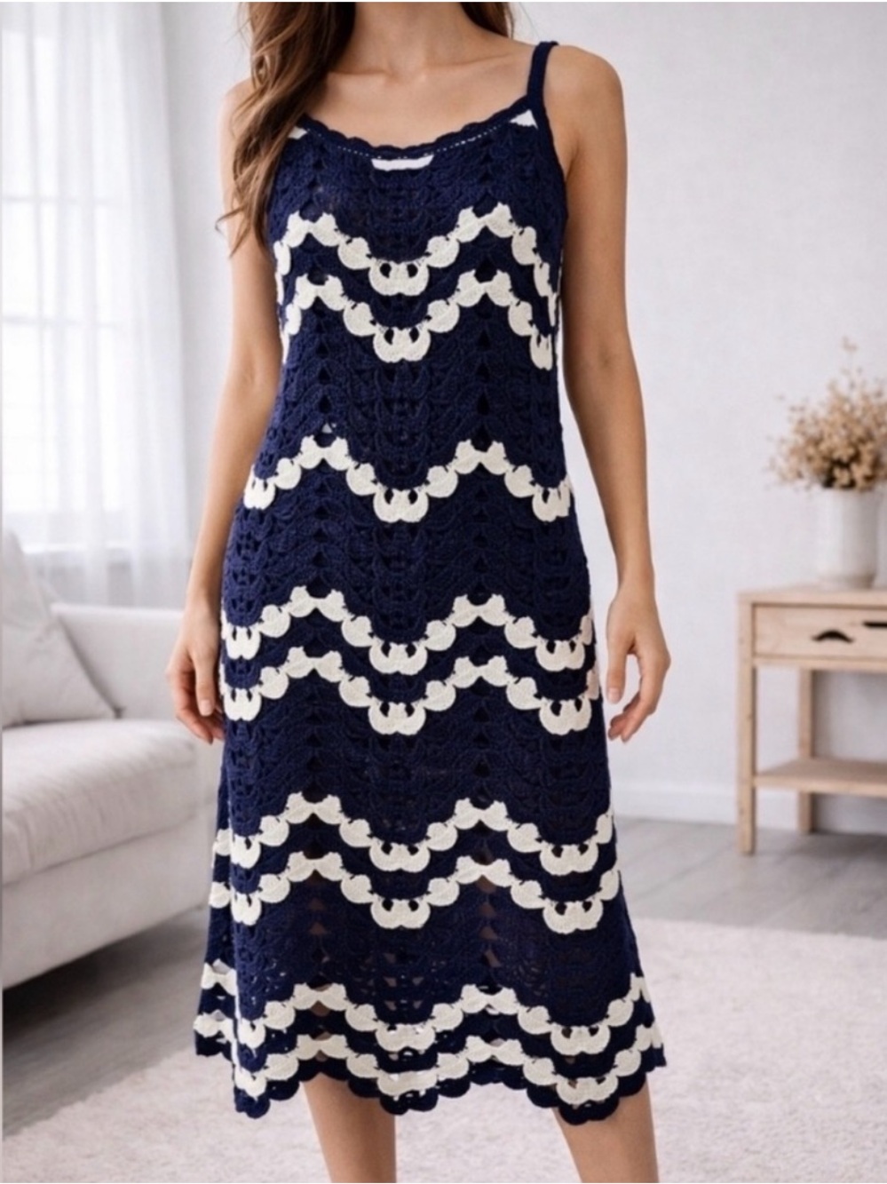 HOUSE OF HARLOW 1960 Navy and White Crochet Midi Dress Size XS